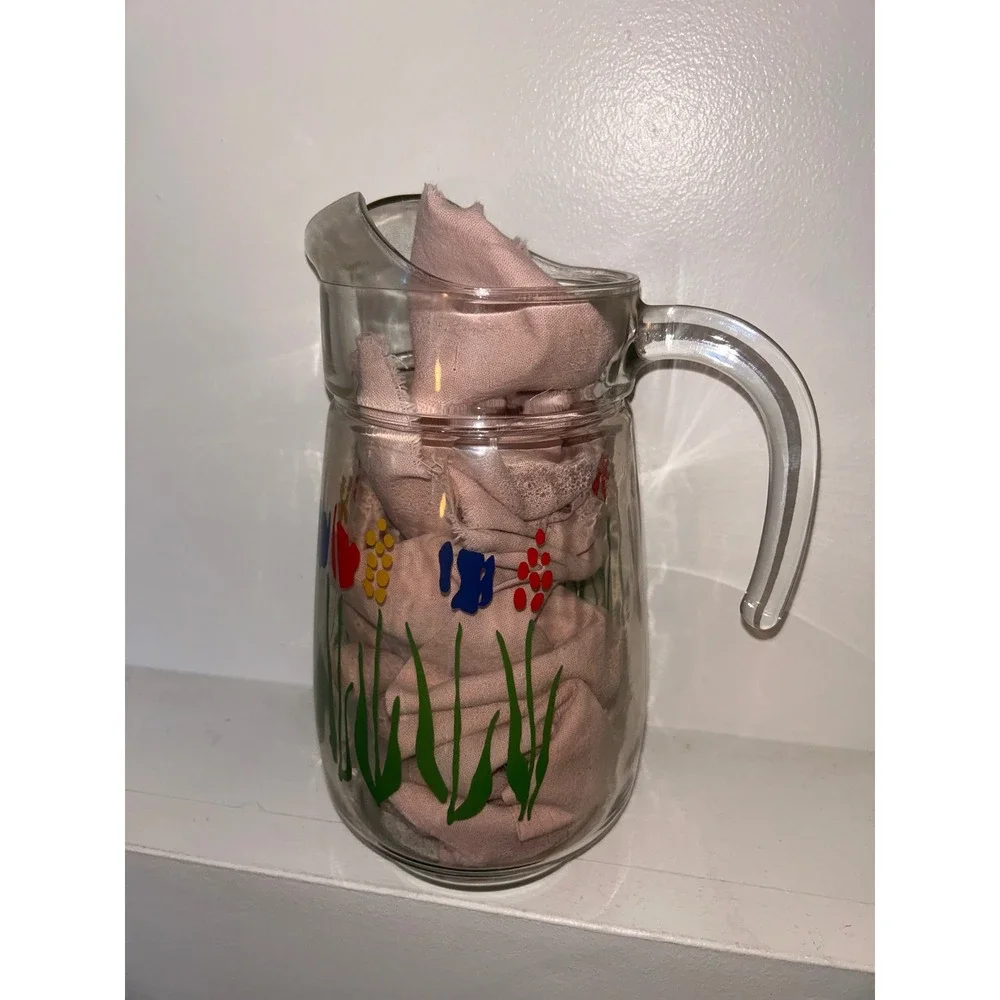 Vintage Hand Painted Tulip Glass Pitcher Clear Floral Juice Water Carafe